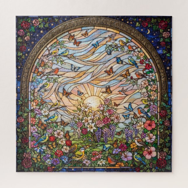 Stained Glass Butterfly Garden Jigsaw Puzzle  (Vertical)