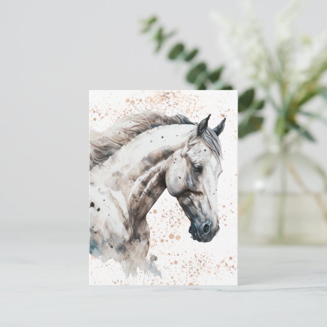 Stallion blanco | Diseño de acuarela | Tarjeta pos (Anverso de pie)