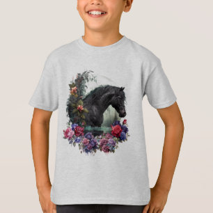 Stallion negro con flores góticas camiseta clásica