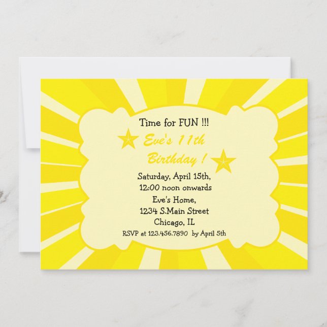 Star Burst - Invitación de cumpleaños amarillo (Anverso)