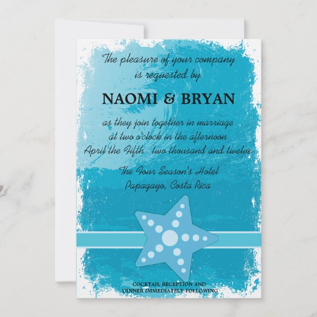 Star Fishand waves - Invitación a la Boda Azul Sky (Anverso)