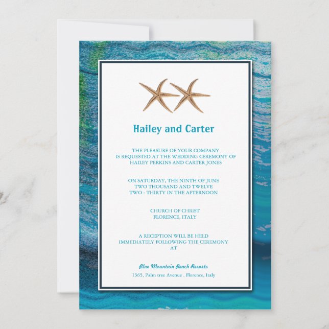 Star Fishes - Invitaciones nupciales azules (Anverso)