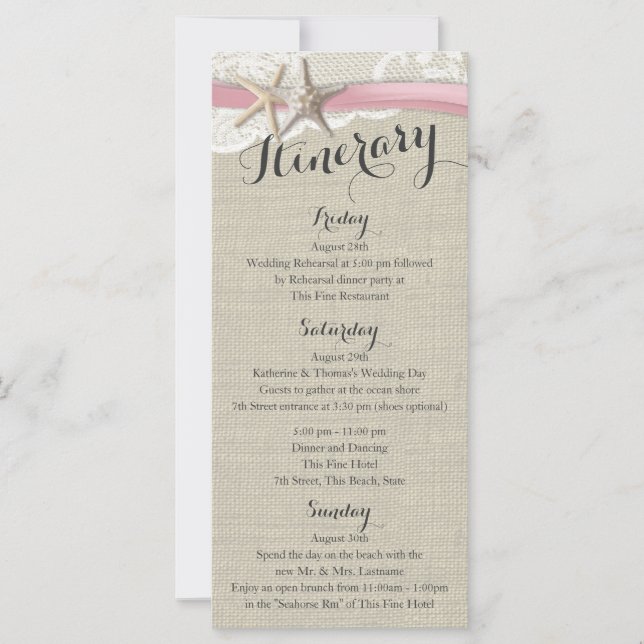 Starfish and Lace Rustic Beach Wedding Itinerario (Anverso)