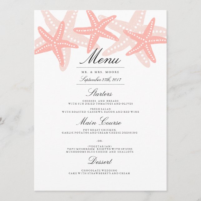 Starfish Beach Wedding Menú de cena Peach (Anverso)