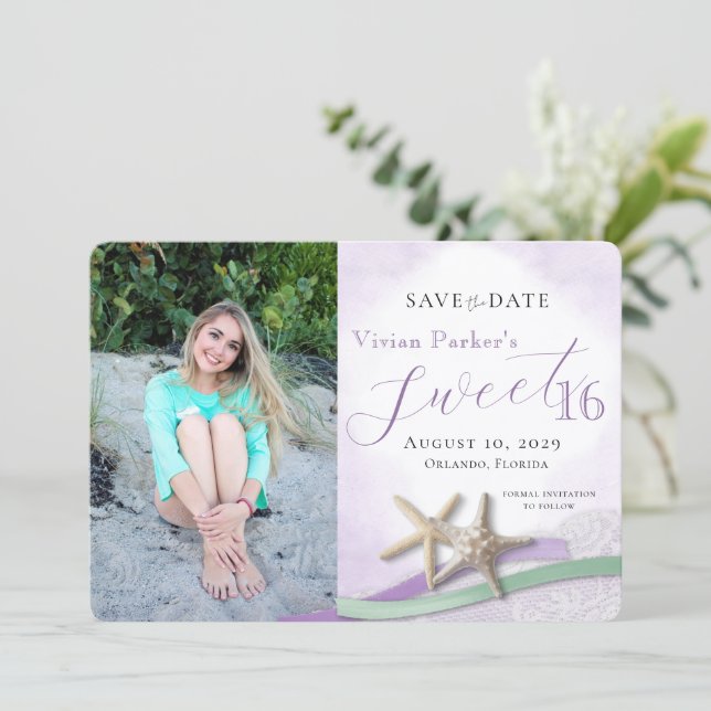 Starfish Lace Sweet 16 Save the Date with Photo (Anverso de pie)