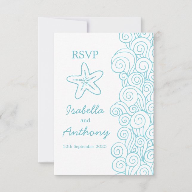 Starfish & swift boda de arte azul y blanco RSVP (Anverso)