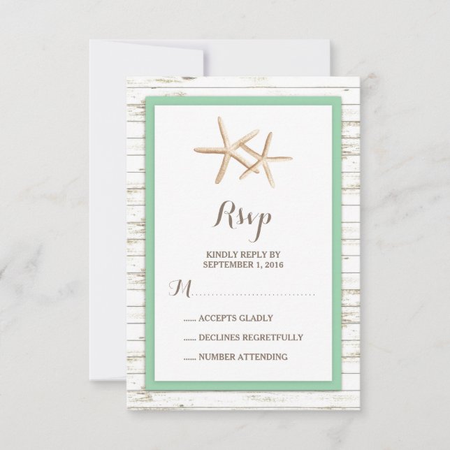 Starfish Whitewashed Wood Beach Wedding RSVP (Anverso)