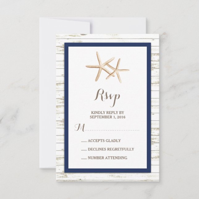 Starfish Whitewashed Wood Beach Wedding RSVP (Anverso)