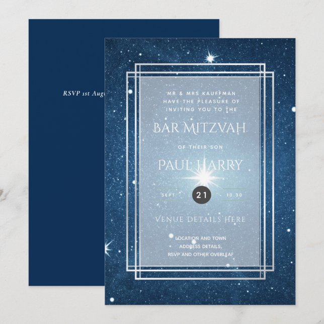 Starry Night Blue Bar Bat Mitzvah Invitaciones (Anverso / Reverso)