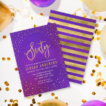 Starry Purple Watercolor Invitación a los 60 Años<br><div class="desc">Elegante invitación a la Fiesta de Cumpleaños 60 con un borde de estrellas y las palabras "Sesenta" en oro falso contra un fondo de color morado. La tarjeta incluye una parte posterior a rayas. Consulte otros elementos coincidentes aquí https://www.zazzle.com/collections/elegant_starry_purple_watercolor_celebrations-119469232199993091?rf=238364477188679314 Personalícelo reemplazando el texto del marcador de posición para agregar su...</div>