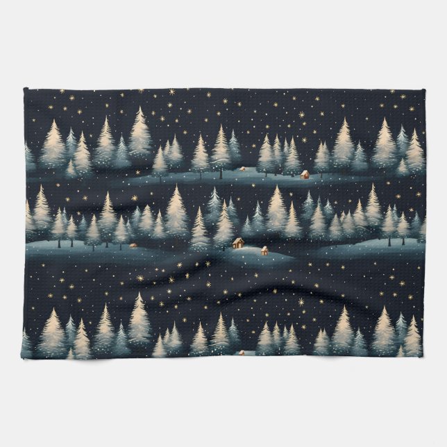 Starry Winter Forest Night Kitchen Toalla (Horizontal)
