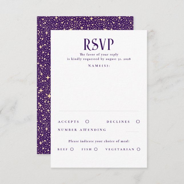 Stars Purple and Gold Wedding RSVP (Anverso / Reverso)