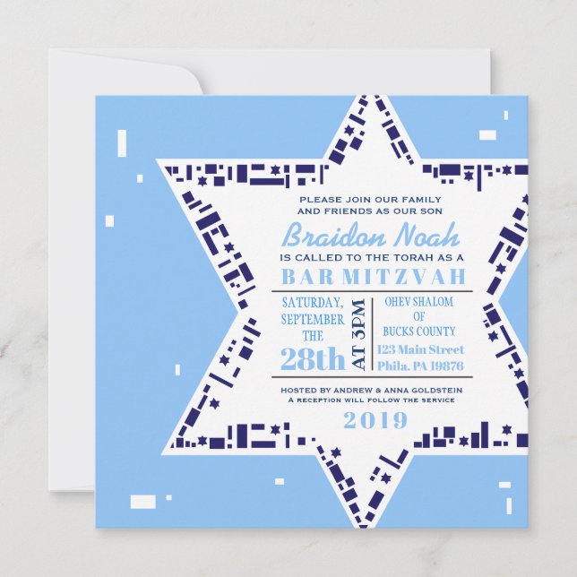 Stars & Squares Bar Bat Mitzvah Invitación Azul (Anverso)