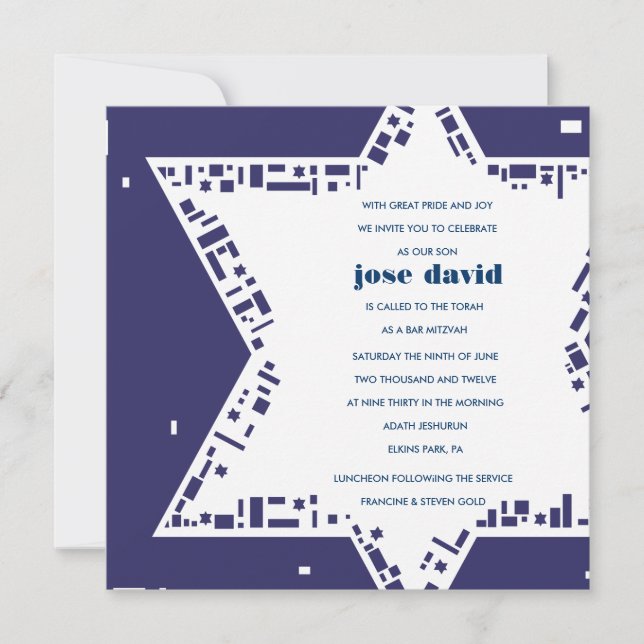 Stars & Squares Bar Bat Mitzvah Invitación Azul (Anverso)
