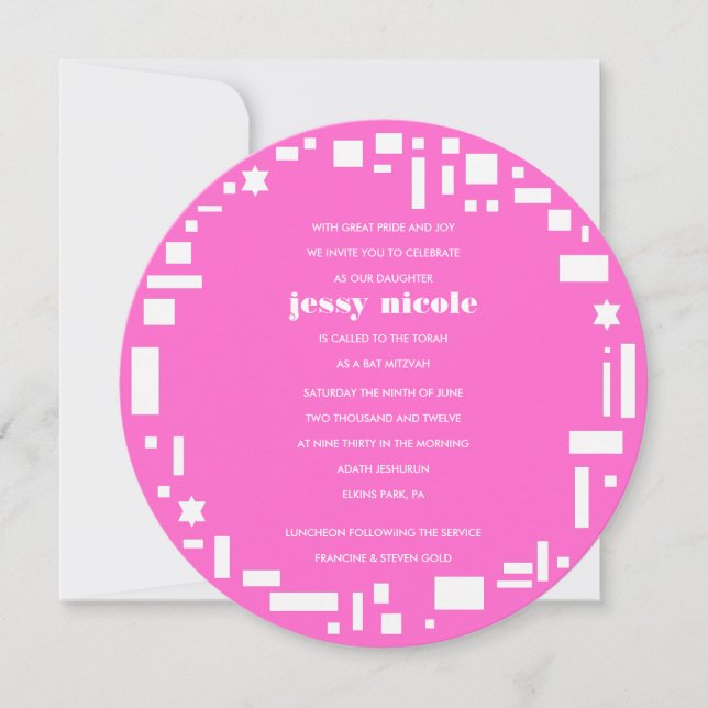 Stars & Squares Bar Bat Mitzvah Invitación Rosa (Anverso)