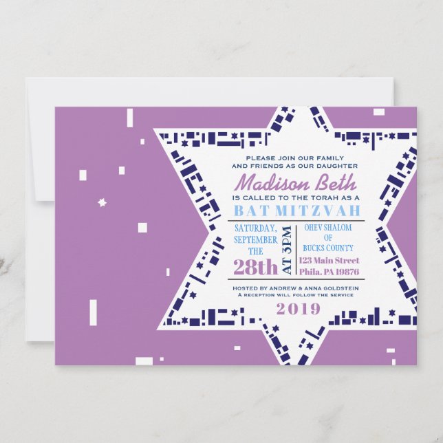Stars & Squares Bat Mitzvah Invitación Lavanda (Anverso)