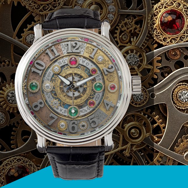 Steampunk, reloj con joyas, zodiac, gemas, cosecha (Steampunk Jeweled Watch)