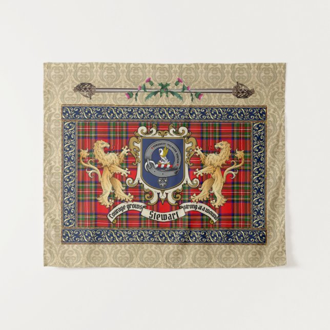 Stewart Clan Badge & Tartán con tapiz de leones (Anverso (horizontal))