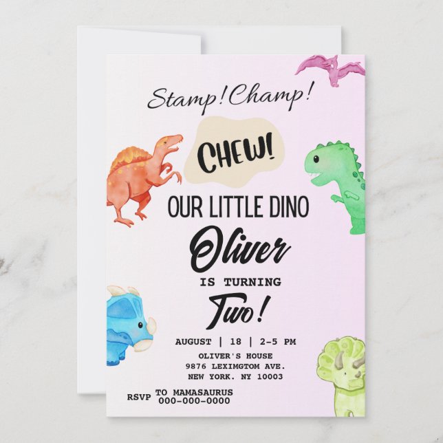 STOMP CHOMP y CHEW Dinosaur Birthday Invitación (Anverso)