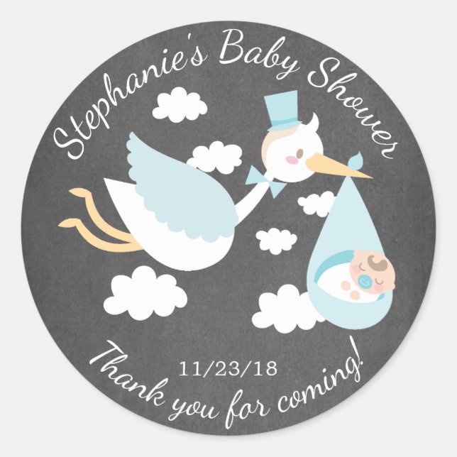 Stork Boys Baby Shower Favor Pegatina (Anverso)