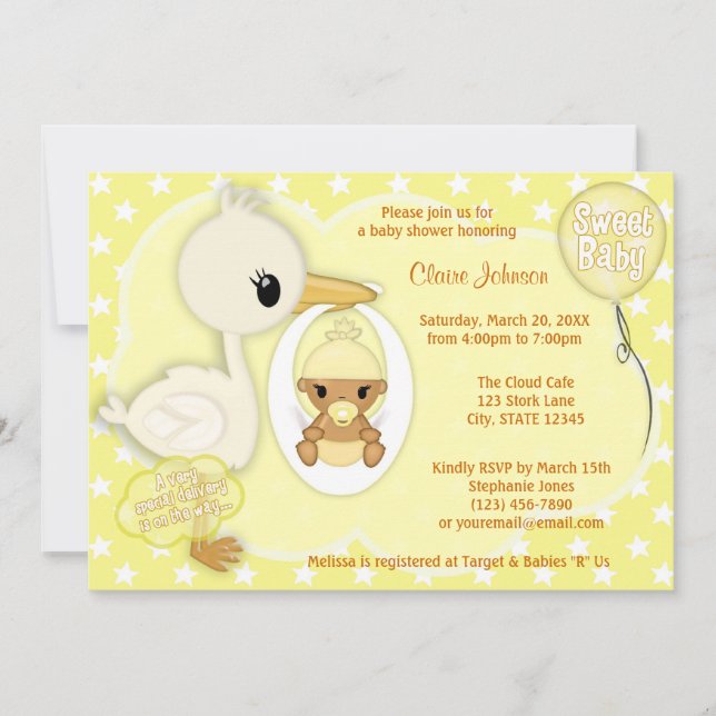 Stork Delivery baby ducha invitación AMARILLO 4C (Anverso)