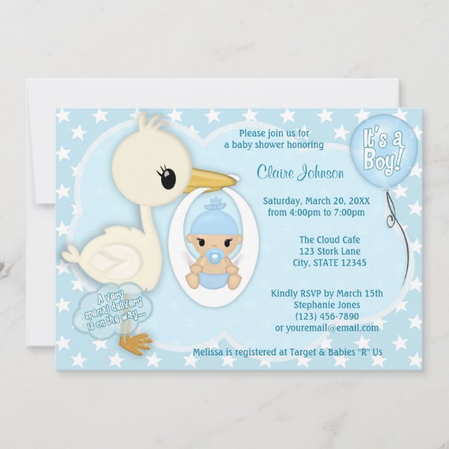 Stork Delivery baby shower invitación BOY BLUE 2A (Anverso)