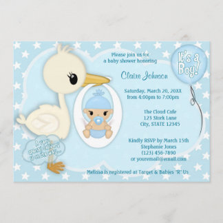 Stork Delivery baby shower invitación BOY BLUE 2A