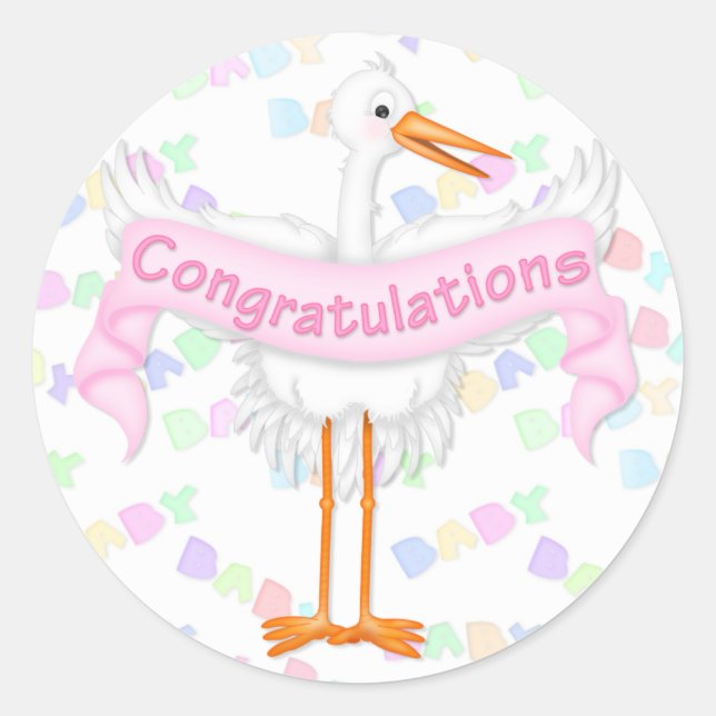 Stork Felicitaciones Pegatina (Rosa) (Anverso)
