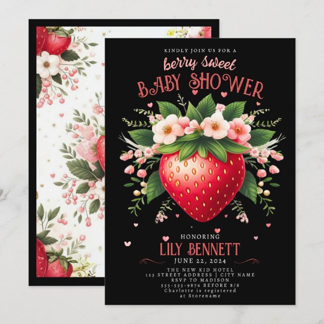 Strawberry Baby Shower | Invitación a Berry Sweet (Anverso / Reverso)