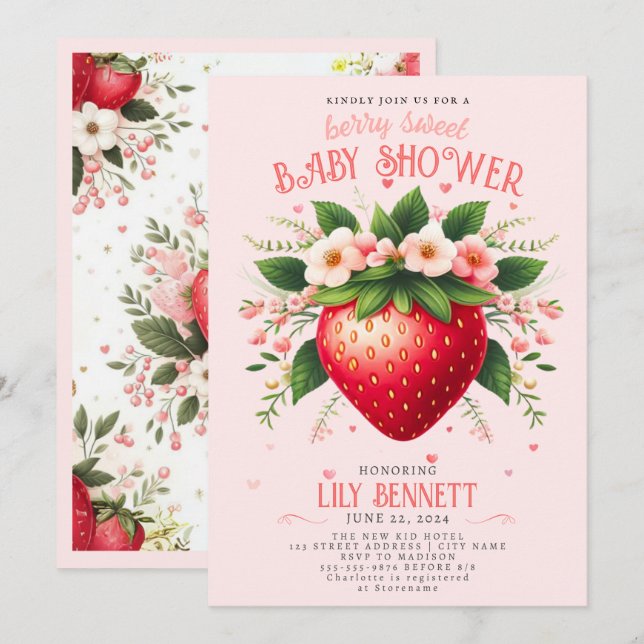 Strawberry Baby Shower | Invitación a Berry Sweet (Anverso / Reverso)