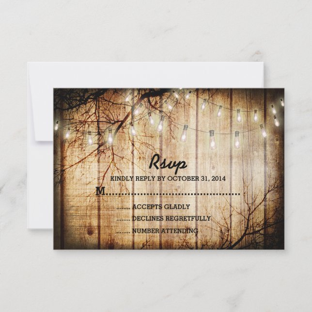 String Lights Tree Vintage Barn Wood Wedding RSVP (Anverso)