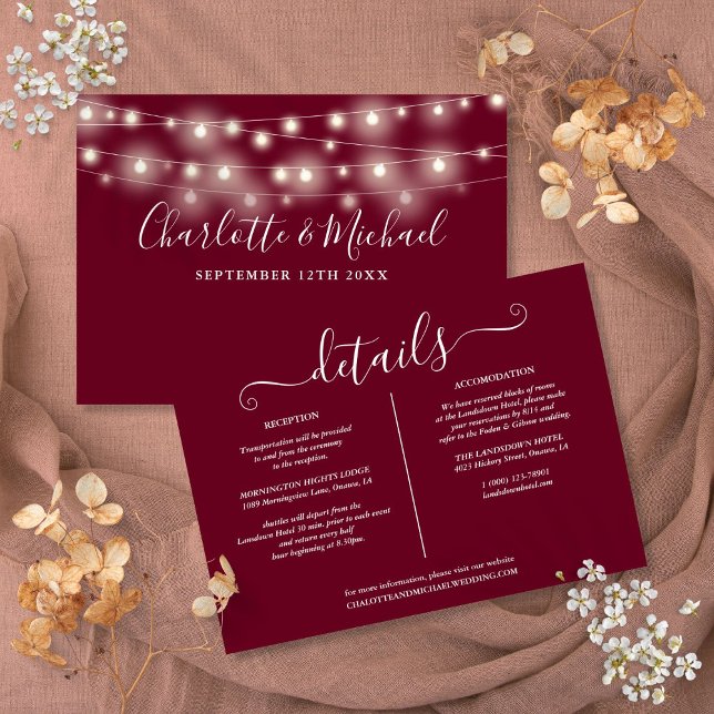 String Luces Burgundy Boda Detalles Tarjeta de inf (String Lights Burgundy Wedding Details Info Card)