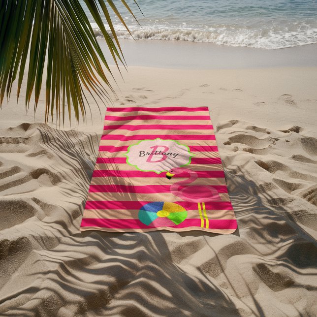 Stripe rosa Flamingo Toalla de playa monogramada (Subido por el creador)