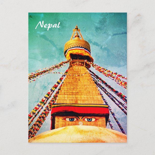 Stupa Boudhanath, ojos budistas, postal de Nepal (Anverso)