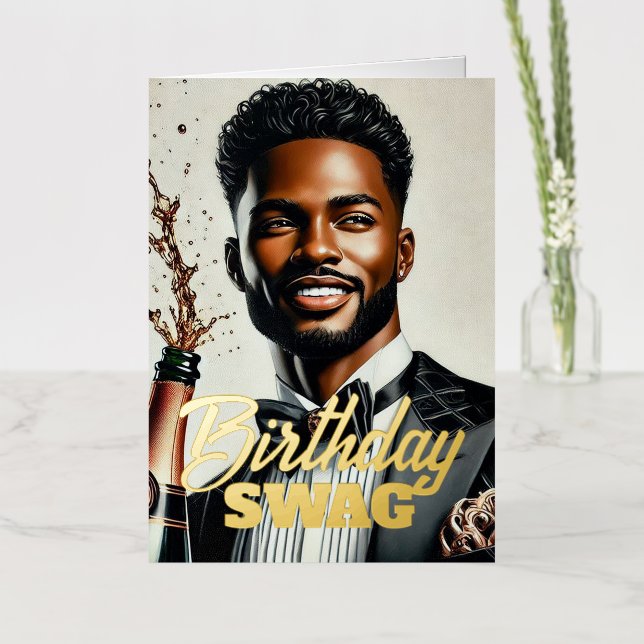 Stylish Black Man Champagne Luxury Birthday Card (Flor)