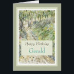 Stylish Happy Birthday Personalize Name Card<br><div class="desc">A lovely painting of trees and a forest trail with a warm birthday message for happy trails for the next year. Personalize with Person's name or Title of Son,  Dad,  Uncle,  Husband.</div>