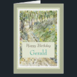 Stylish Happy Birthday Personalize Name Card<br><div class="desc">A lovely painting of trees and a forest trail with a warm birthday message for happy trails for the next year. Personalize with Person's name or Title of Son,  Dad,  Uncle,  Husband.</div>