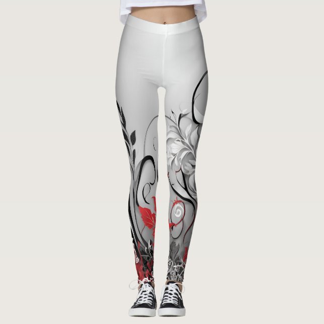 Stylish Red Black and Grey Leaf Design Leggings (Anverso)