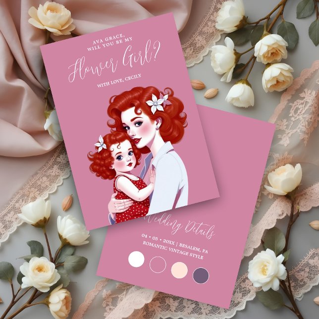 Stylish Vintage Woman Carrying Toddler Flower Girl (Stylish Chic Romantic Vintage Woman Carrying Toddler Flower Girl Proposal Cards.)