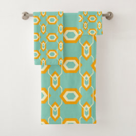 Stylized geometric pattern in bold orange hexagon