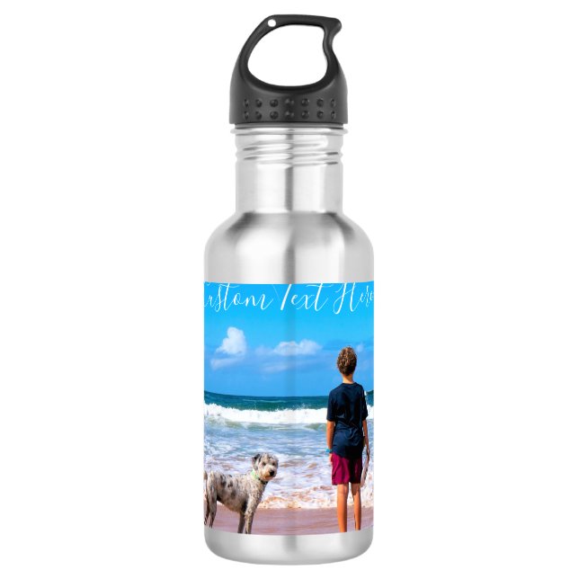 Su botella de agua de fotos con texto Personalizad (Anverso)