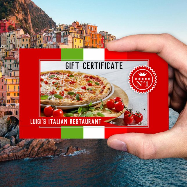 Su certificado de regalo de restaurante italiano f (Gift certificate for an Italian restaurant featuring an image of pizza framed by the Italian flag)