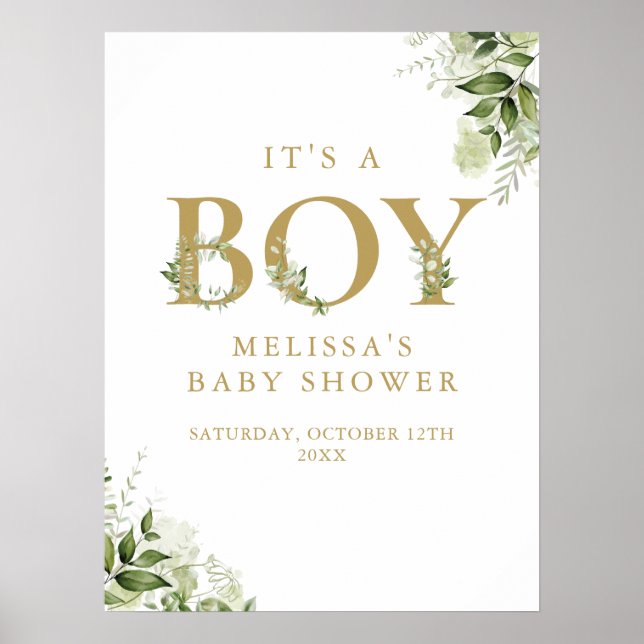 Su es un niño Señal de Baby Shower Greenery Gold (Frente)