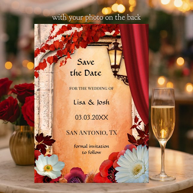 Su foto Classic Floral Fall Guardar la tarjeta de  (Save the Date card featuring a classic Italian Mediterranean fall design with lantern and flowers)