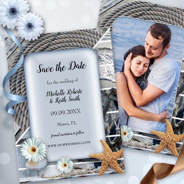 Su foto playa náutica Guardar la tarjeta de fecha (Save the Date card featuring a dusty blue design with a nautical theme and your custom photo)
