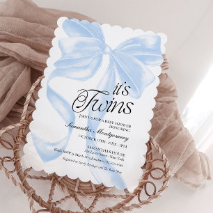 Su Invitación de Gemelos Azul Coquette Lazo