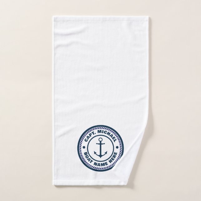 Su nombre de barco Capitán de Anclaje Blanco Azul  (Toalla de mano)