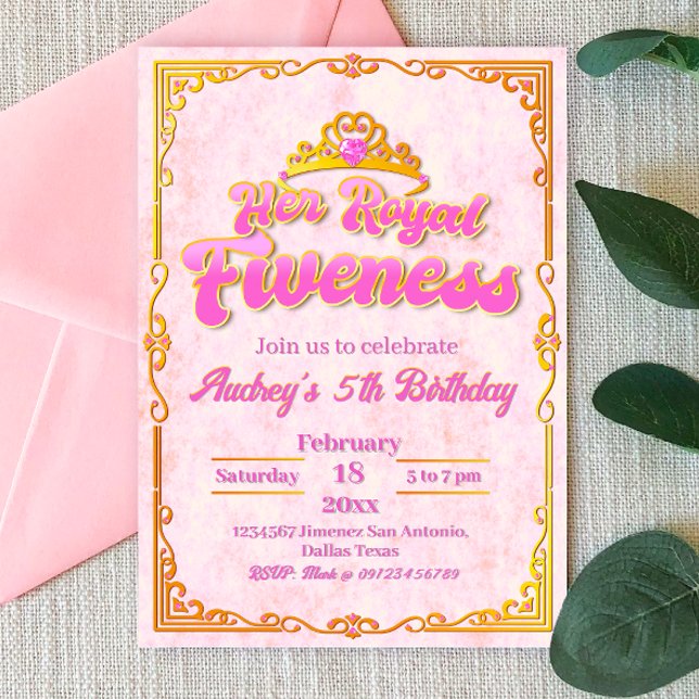 Su perdón real - Invitación de cumpleaños 5 a la C (Her Royal Fiveness -  Princess Girl 5th Birthday Invitation)