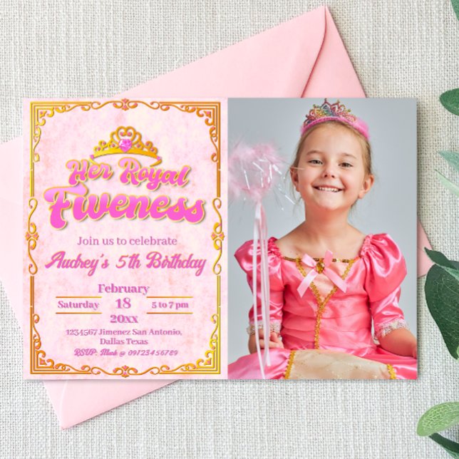 Su perdón real - Invitación de cumpleaños 5 a la C (Her Royal Fiveness - Princess Girl 5th Birthday Landscape Invitation with Photo)
