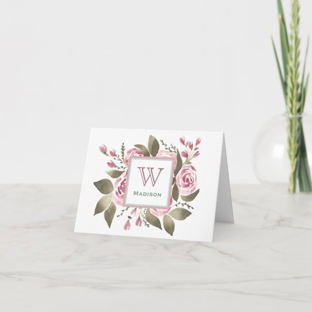 Su Rosa favorito Monogram Notecard (Anverso)